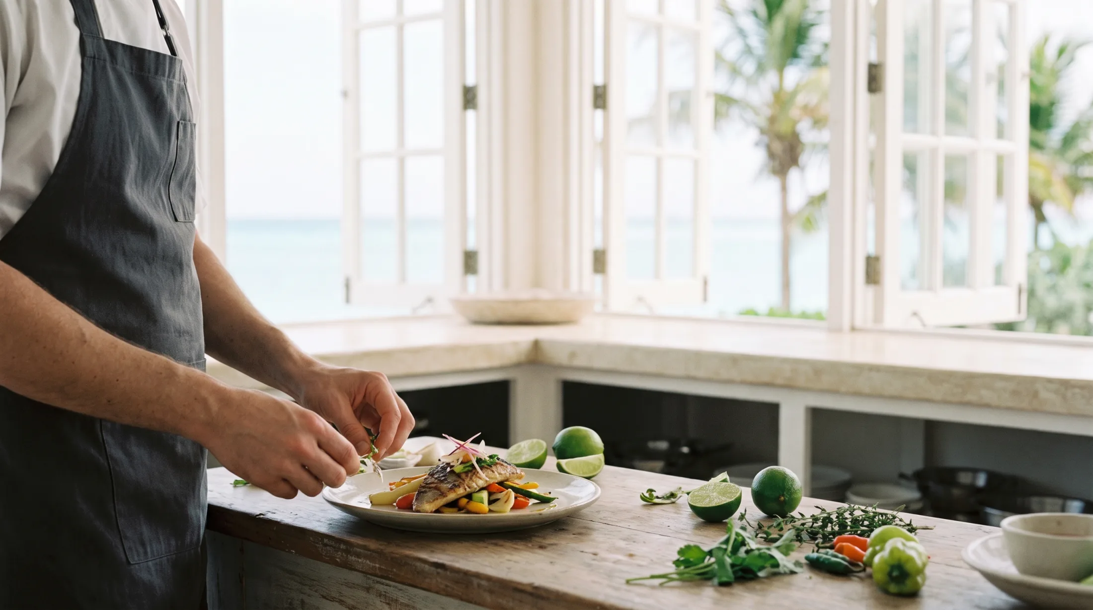 Chef dressant une assiette de cuisine créole dans la cuisine d'une villa