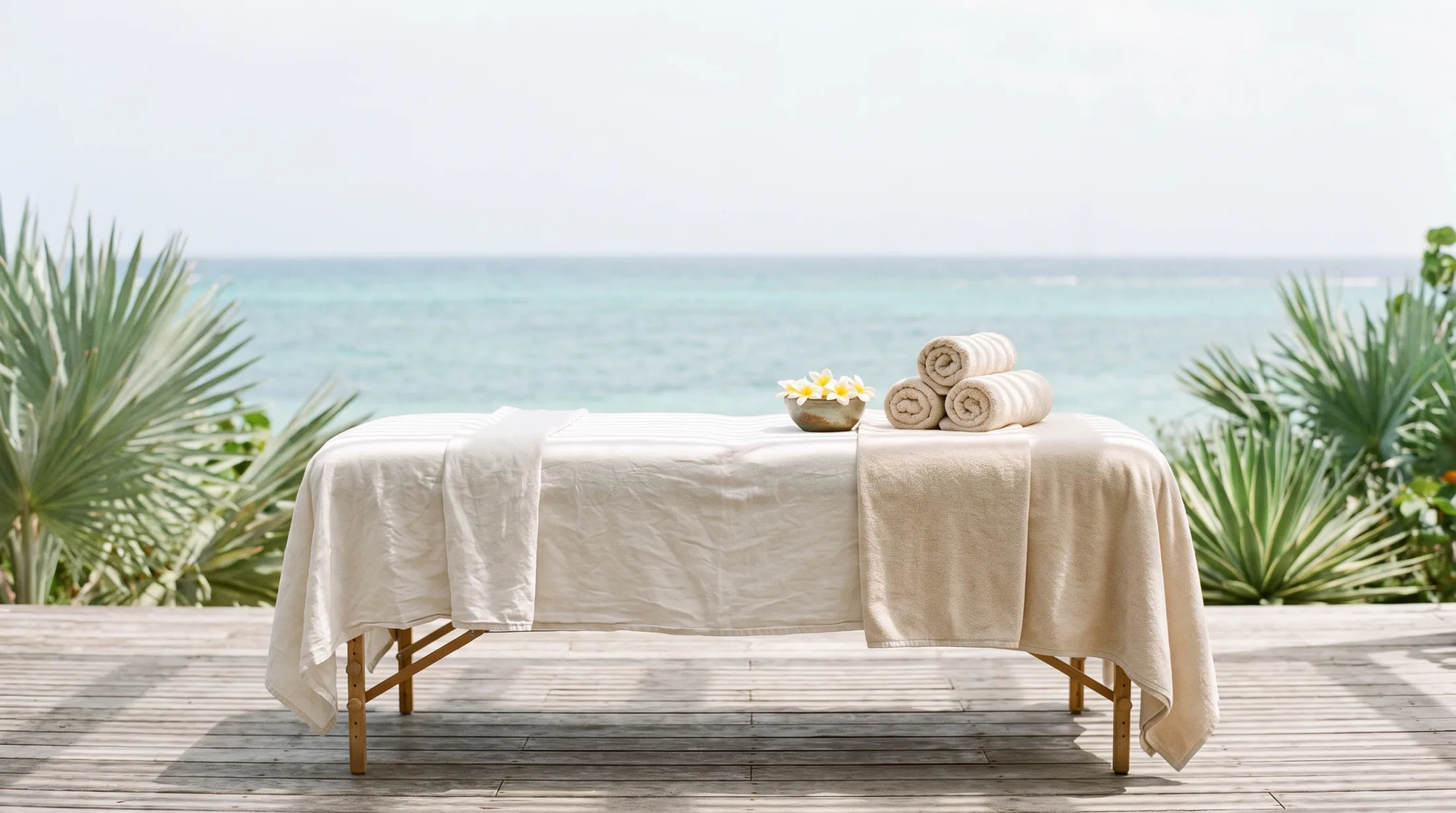 Table de massage installée sur la terrasse d'une villa face à la mer
