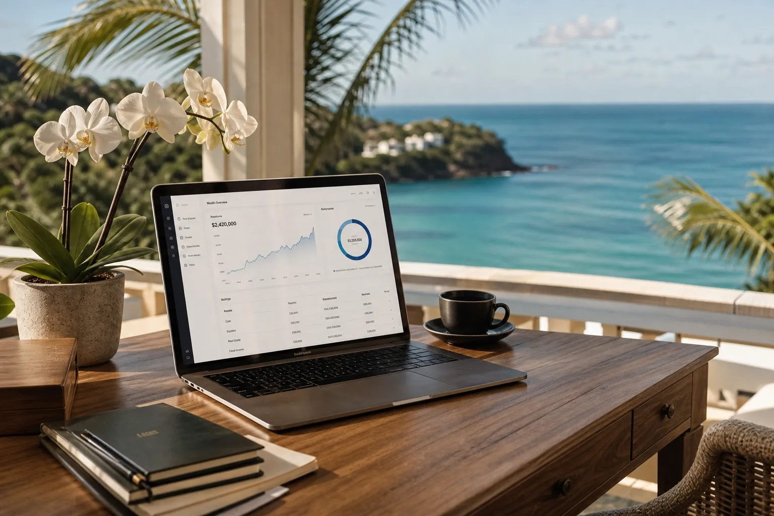 Bureau en terrasse avec MacBook, café et orchidée — Gestion financière Martinique