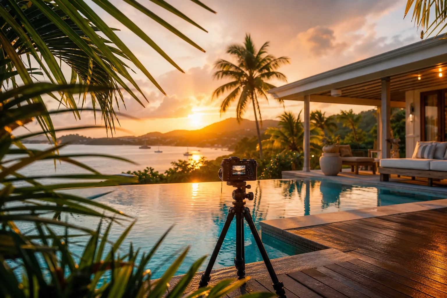 Piscine de villa de standing au coucher du soleil avec appareil photo — Marketing locatif Martinique
