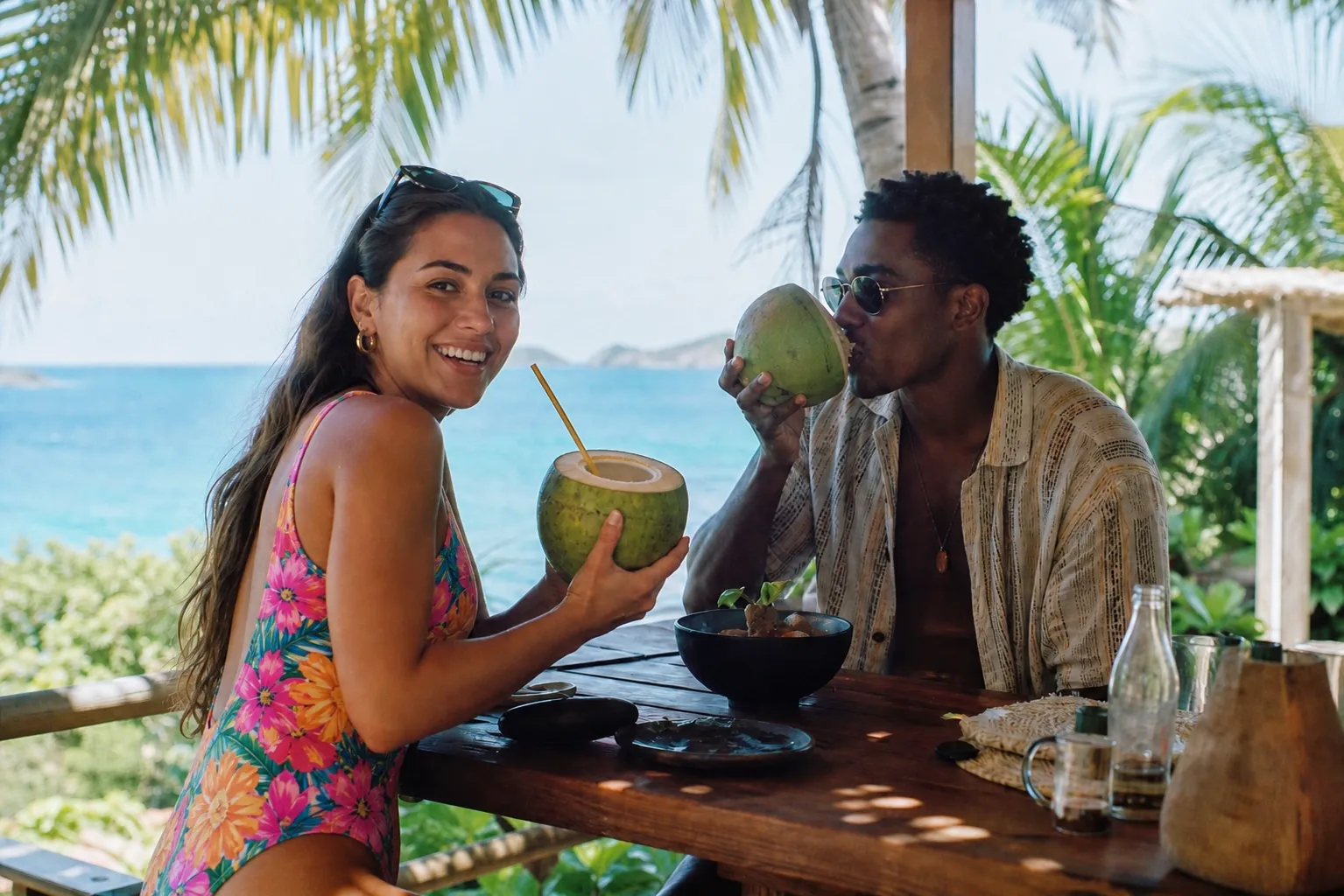 Couple en terrasse face à l'océan, verre de coco à la main — Relation voyageurs Martinique