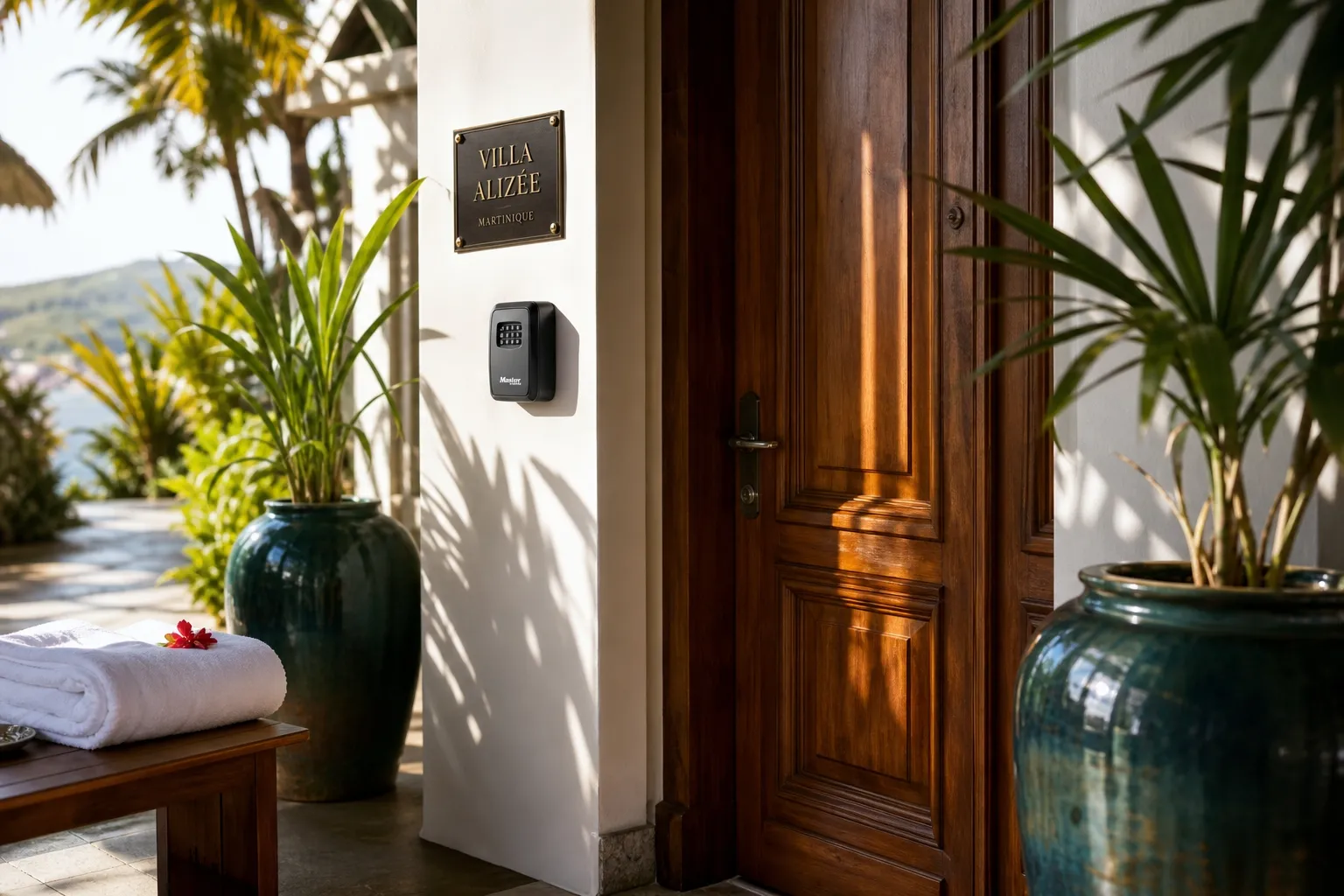 Entrée de villa avec boîte à clés sécurisée et serviette fraîche — Opérations terrain Martinique