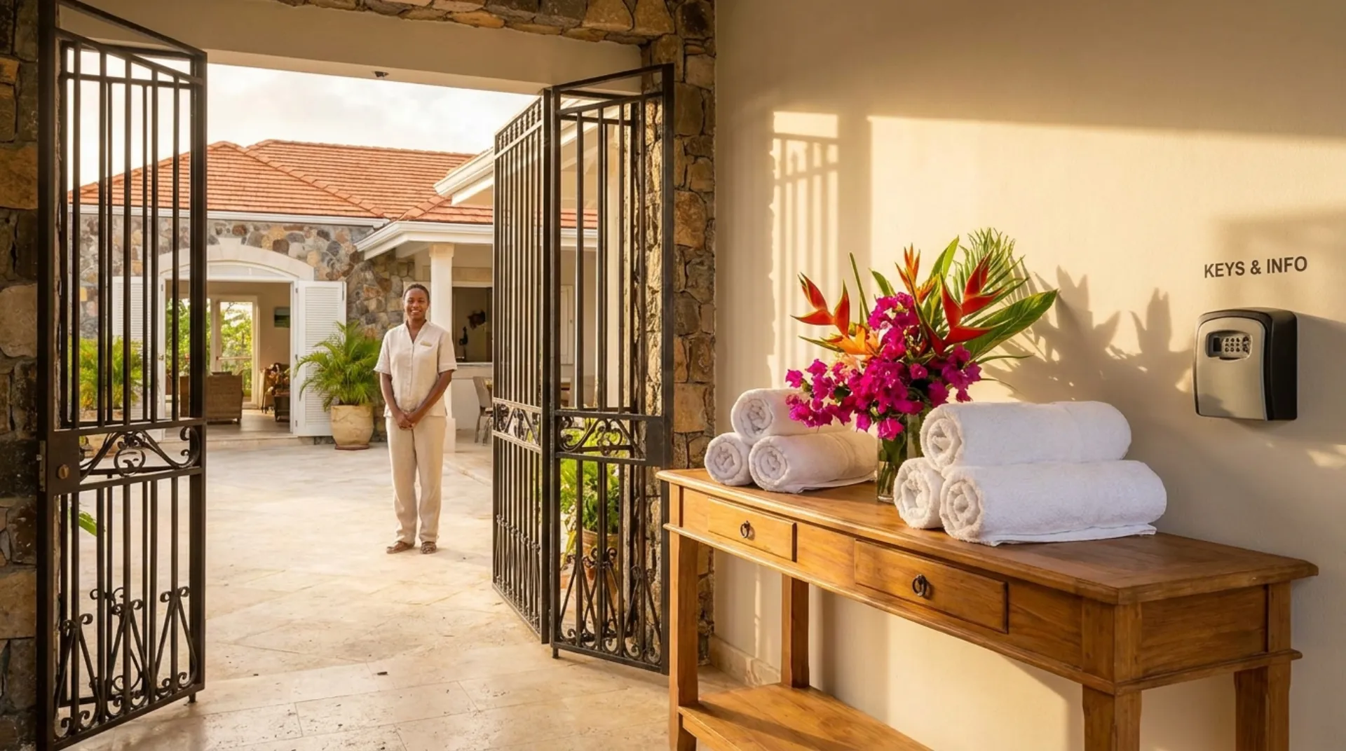 Équipe terrain inspectant une villa avant un séjour